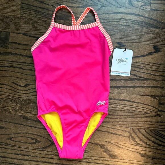 NWT Dolfin Uglies Pink and Yellow Kids One Piece Swimsuit - size 10 - Picture 1 of 3